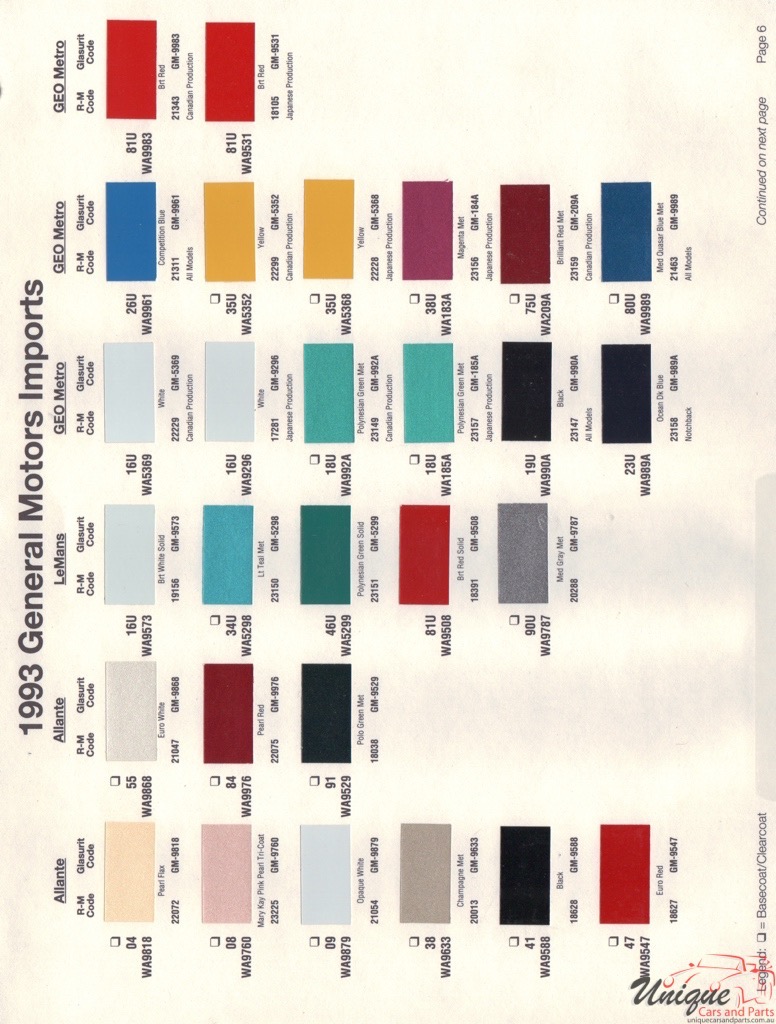 1993 General Motors Import Paint Charts RM 1